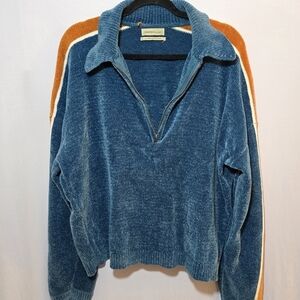 Urban Outfitters Chenille Blue Yellow 90s Style Collared Pullover Sweatee, sz L